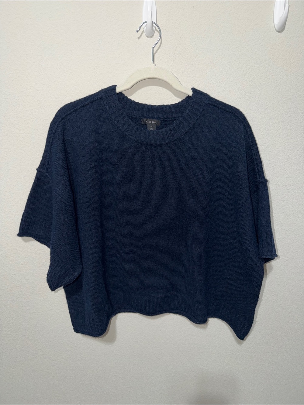 Halogen Navy Short-Sleeve Crewneck Sweater Boxy Knit